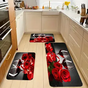 3pcs Set Of Red Wine Kitchen MATS, Decorative Carpets, Anti-slip, Soft, Easy to Clean, Suitable for Bedroom, Living Room, Dining Room Carpets, Kitchen, Bathroom And Entrance Hall Door MATS, Laundry Room Floor Mat kitchen carpet
