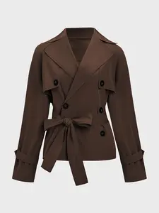 Modest Fashion Trendy Chic Solid Color Notch Lapel Double Breasted Fitted Long Sleeve Trench Coat Outerwear