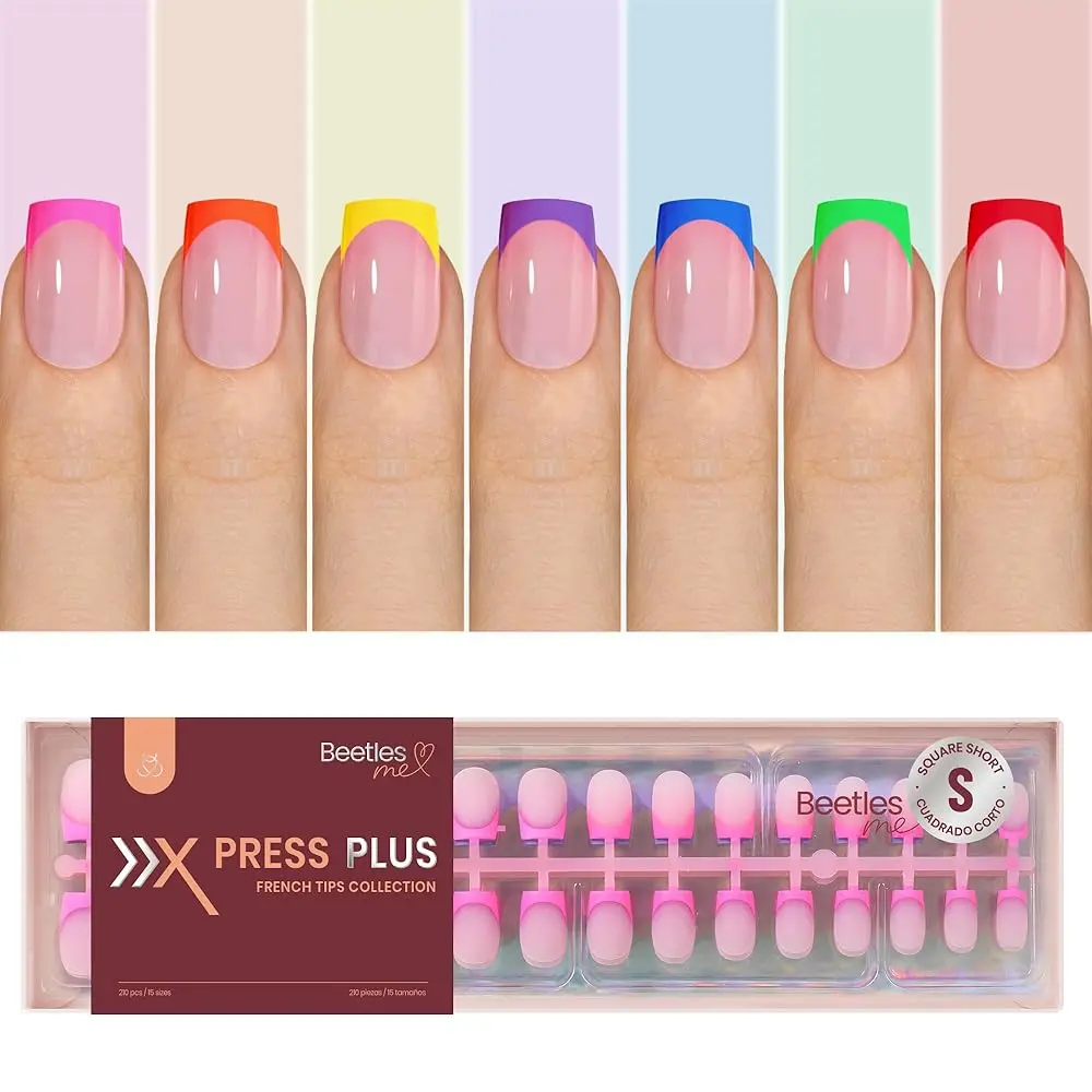 Beetles X Press Plus Neon Press On Nails Tips, All season French Tip Pink Brown Short Square Almond Shape Natural Acrylic Nail Tips for Effortless Beauty & DIY Manicures - Frenchtipnails mothersdaygift Spring Nail Summer Nail Vacation Nail #SummerVibes
