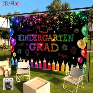 1pc 2D Flat Kindergarten Graduation Backdrop Banner - Vibrant Polyester Party Decor with Balloons, Confetti & Graduation Caps for Birthdays, Weddings, Father's Day, Home & Events - No Electricity Needed, Gradua