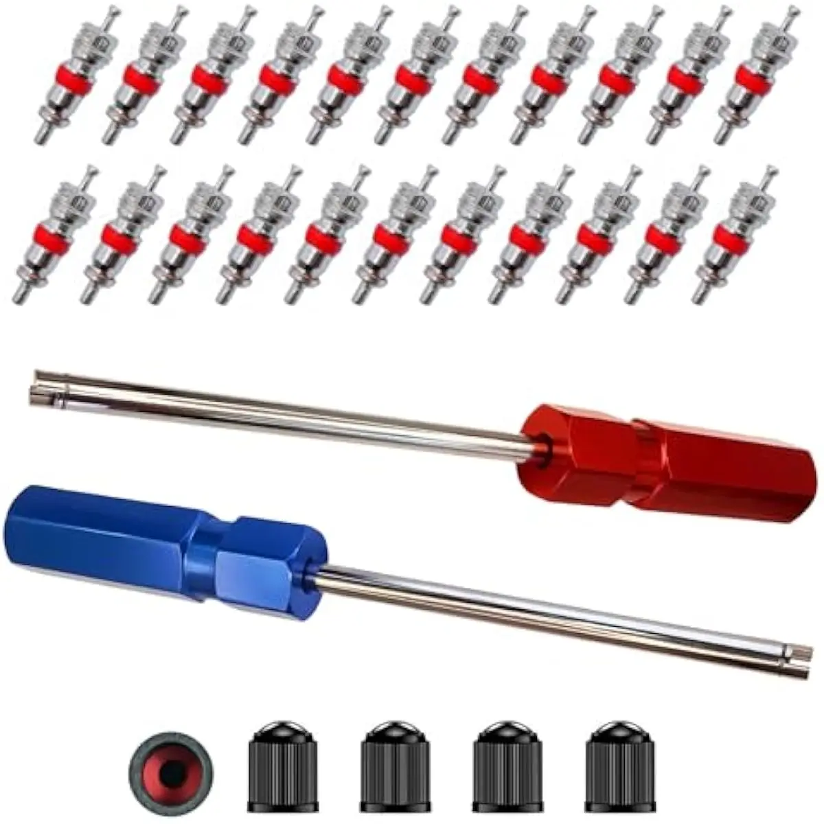 Valve Stem Removal Tool Set- 2Pieces Premium Alloy Valve Tools, Valve Core Remover, 20Pcs Nickel Plated Valve Cores, 5Pcs Tire Valve Caps, Valve Stem Tool,Great Valve Tool for Schrader Valve Cores