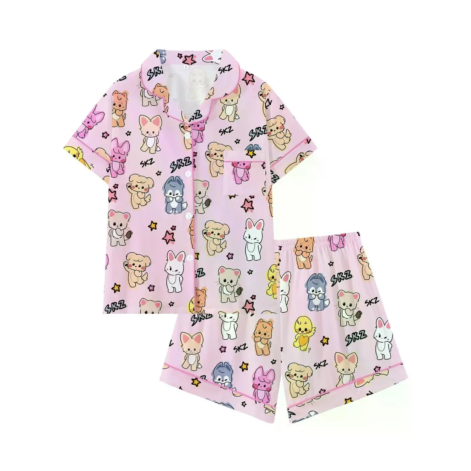 Korean Idol Cartoon Print Women's Pajama Set, Short Sleeve Open-Front Two-Piece Loungewear, Role Play Sleepwear, Fan Gift