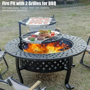 42"Fire Pit with 2 Grills, Outdoor Wood Burning Fire Pit with Lid and Round Metal Table for Backyard Patio Garden Picnic Camping Bonfire Barbecue