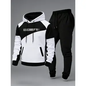 Contrast Color Men's Hoodie Track Suit - "FUTURE" Lettering & Geometric Panel Design 2-Piece Outfit