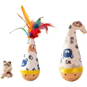 Natural Beechwood Cat Toy, 2-Pack Weeble Wobble Tumbler Toy for Indoor Cats & Small Dogs, Self-Righting Interactive Toy with Colorful Feathers, Silent Battery-Free Play for Solo Exercise