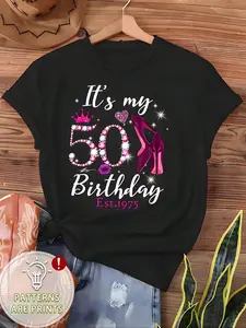 Women's Letter & Rhinestone Decor 50th Birthday Graphic Tee, Fashion Casual Crew Neck T-shirt for Daily Holiday Vacation Outdoor Wear, Ladies Clothes for All Seasons, Top