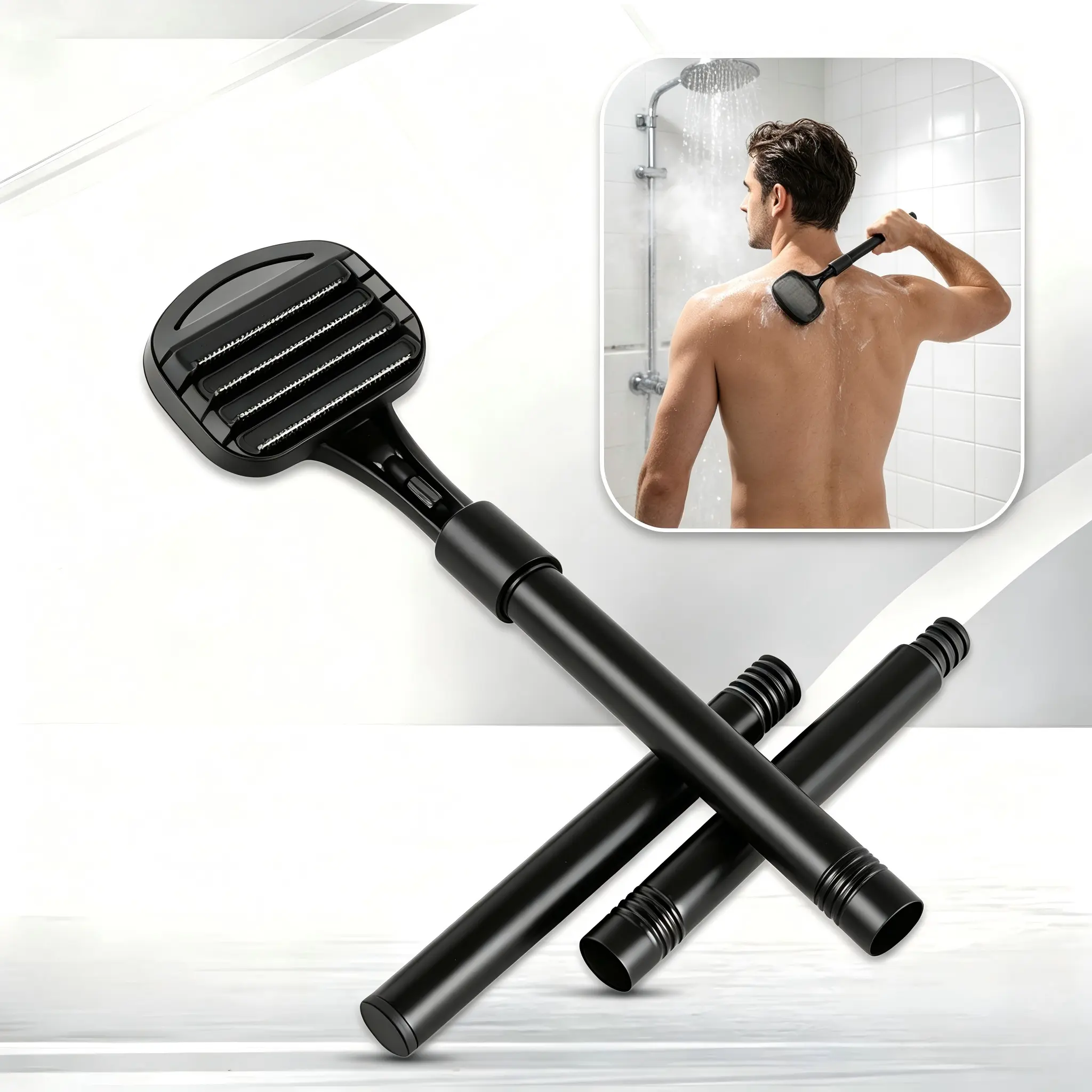 Back Shaver For Men, Foldable Ergonomic Silicone Grip Handle Back Hair Shaver With 4 Rows Of Blades, Wet And Dry Shaving Design