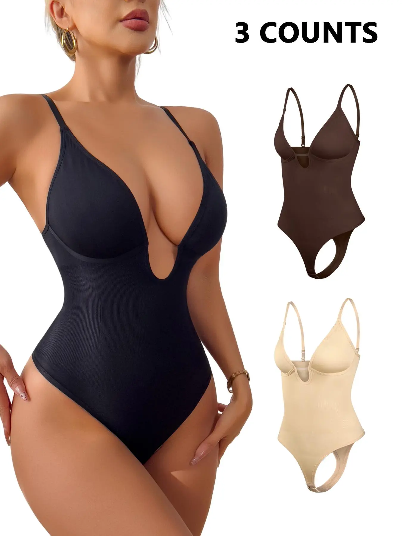 Women's Sexy V-Neck Backless Seamless Shapewear Bodysuit, Solid Color High Stretch Shaper for Daily Wear, Tummy Control & Push-Up & Abdominal Control, Compression Underwear