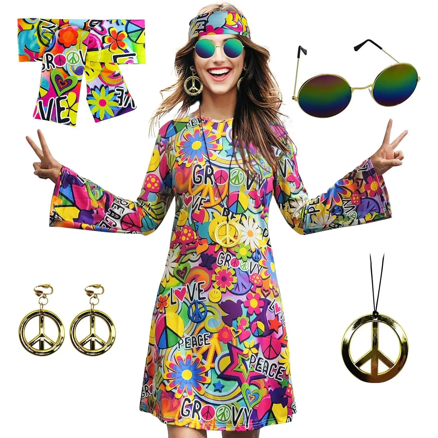 Women's 4-Piece Retro Hippie Costume Set, Blue 60s 70s Patterned Dress that Conveys a Sense of Love and Peace for Karaoke, Costume Role Playing & 60s 70s Class Reunion, Valentines Day, Holiday, Halloween