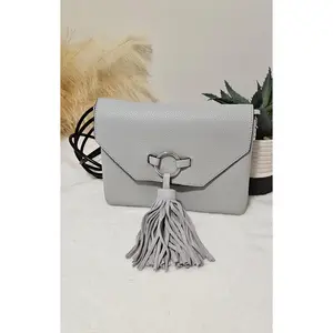 Gray Leather with Tassel Clutch - Plain Pattern Fashion Accessory