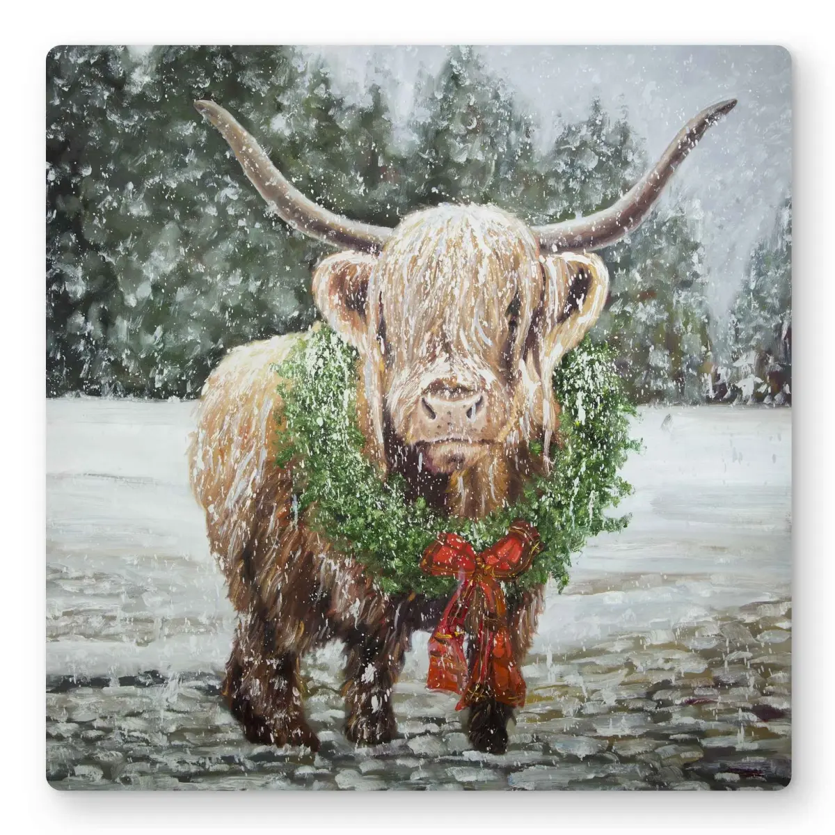Begin Home Decor C1MP1616XEEZZC 16 x 16 in. Highland Christmas Cow Wall Art - Scandinavian Holidays Metal Print