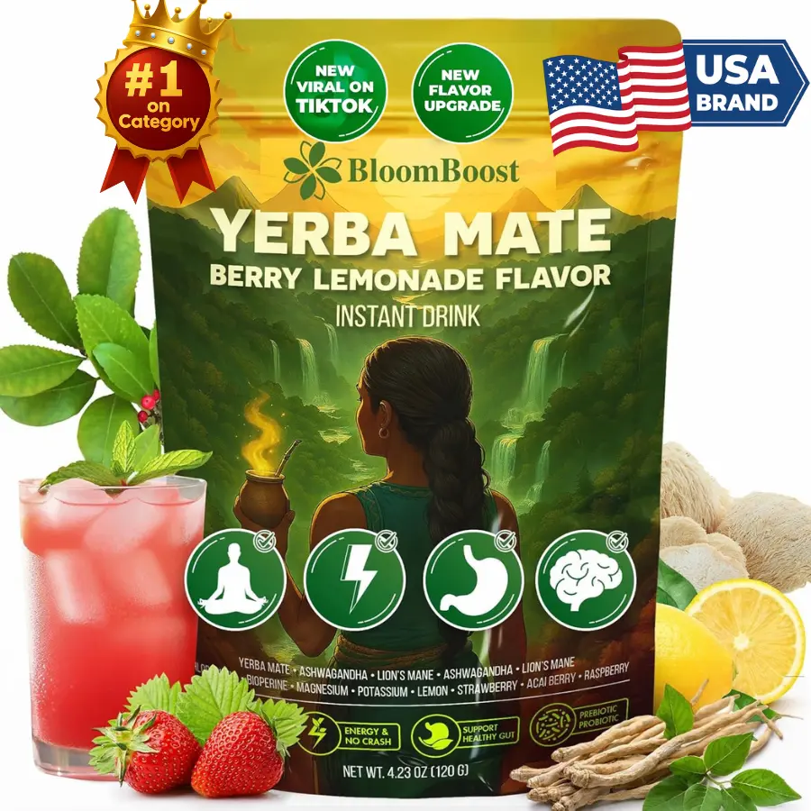Yerba Mate Instant Tea Powder – Yerba Mate, Ashwagandha, Lion’s Mane, Chlorophyll, Berry Lemonade Flavor – 4.23 oz (11 Servings) – Sugar-Free, Gluten-Free, Superfood Energy & Focus Blend #Clearance Sale