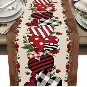Valentine's Day Red Heart Ethnic Style Table Runner Durable Polyester Floral Heart Design for Wedding Party Kitchen Decor Elegant Table Decorations