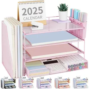 4-Tier Desktop File Organizer with Drawer and 2 Pen Holders, File Sorters, Office Desk Accessories Workspace Organizers for Office Supplies (Pink)