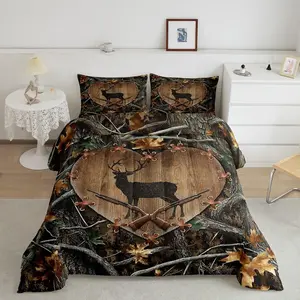 Feelyou Breathable Duvet Set - Decorative Duvet Cover with Deer, Bear, Elk, Gun Patterns, Leaf-Antler Accents, Cabin-Style Bedding for Girls’ Cabin Use (Camo Print, Forest Camouflage, Tree Camo Designs)