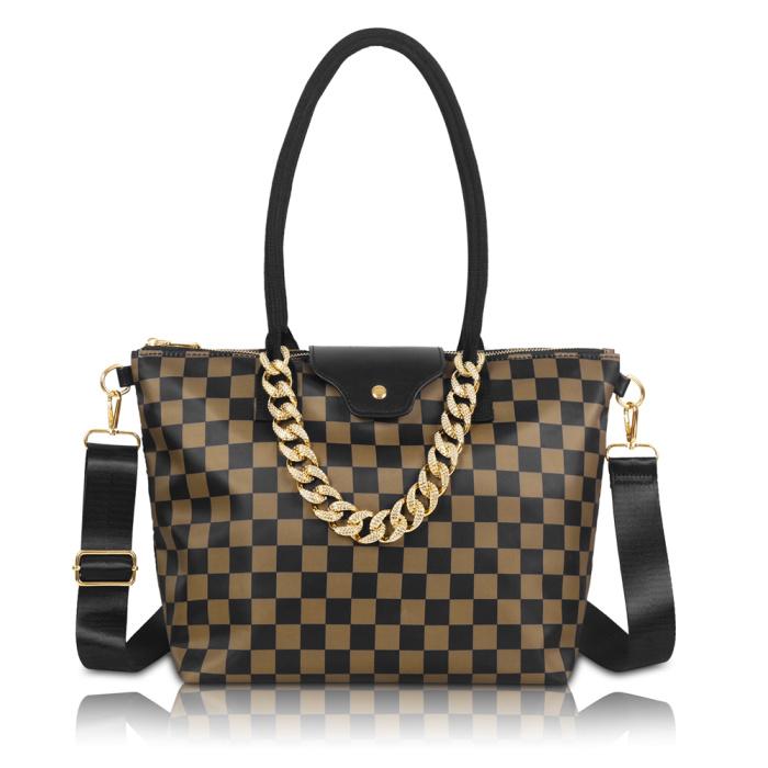 Checkerboard Oxford Crossbody Tote Bag for Women – Lightweight Fashionable Bag with Smooth Zipper