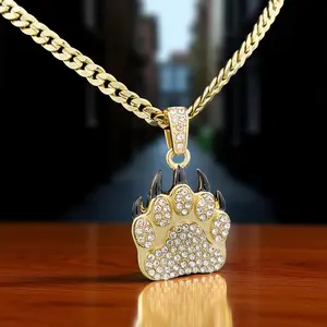 MaxBling81 Bear Paw Gold-Plated CZ Pendant Necklace with 6mm 20"/24" 14K-Stamped High-End Brass Cuban Chain