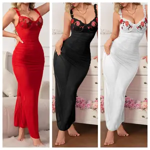 Floral Embroidered Bust Mesh Maxi Night Dress | Ruched Bodycon Long Slip Nightgown, Romantic Sleepwear Lingerie Dress for Women Bodysuits Womenswear Bodysuits Teddy