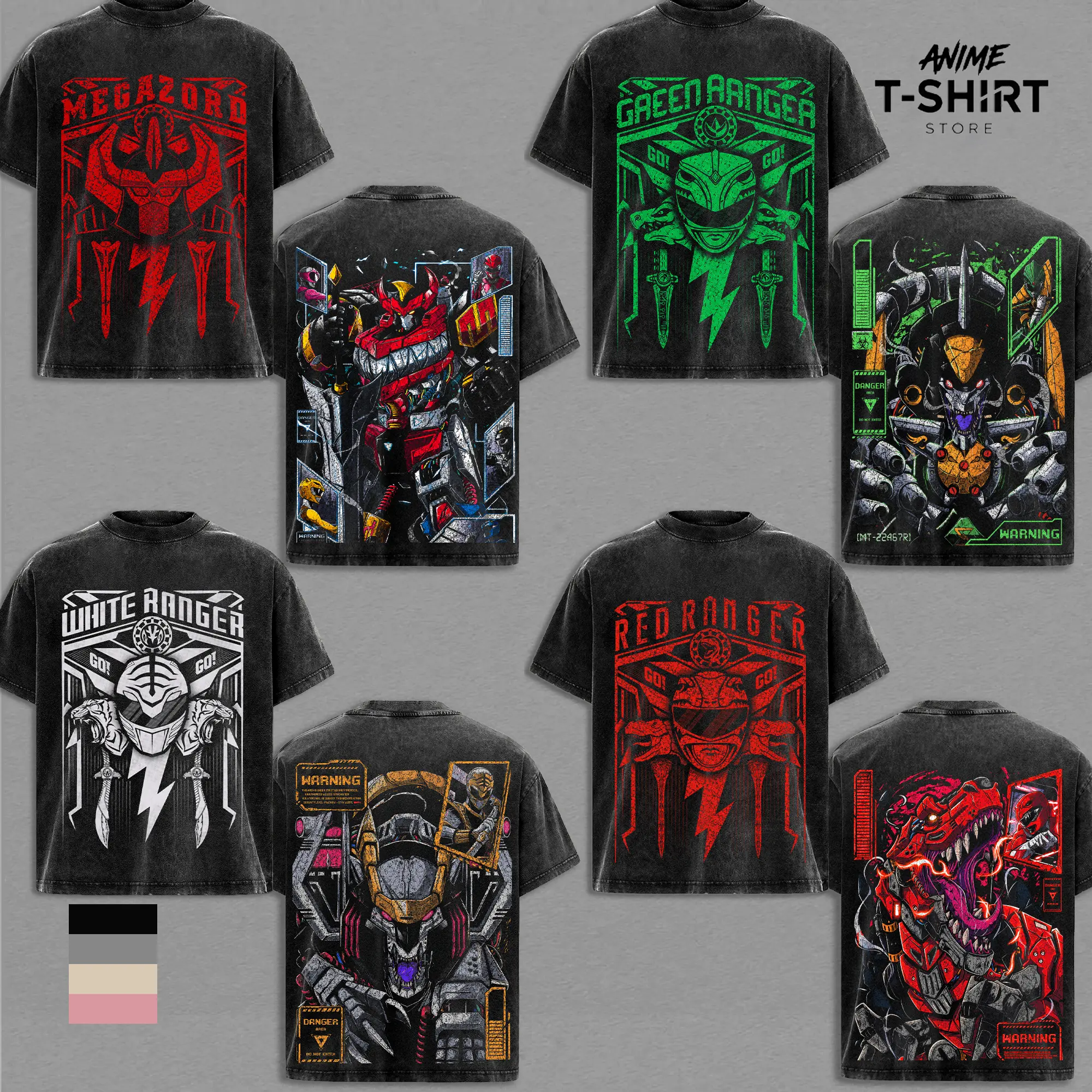 Power Rangers Vintage Wash Tee Collection | Mighty Morphin Megazord Graphic Shirt | Red Green Yellow Ranger Retro Streetwear | Heavyweight Cotton Unisex T-Shirt