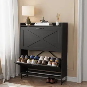 VOWNER Farmhouse Shoe Storage Cabinet with 2 Flip Drawers, Freestanding Organizer with Metal Legs for Entryway, Narrow Shoe Rack Cabinet