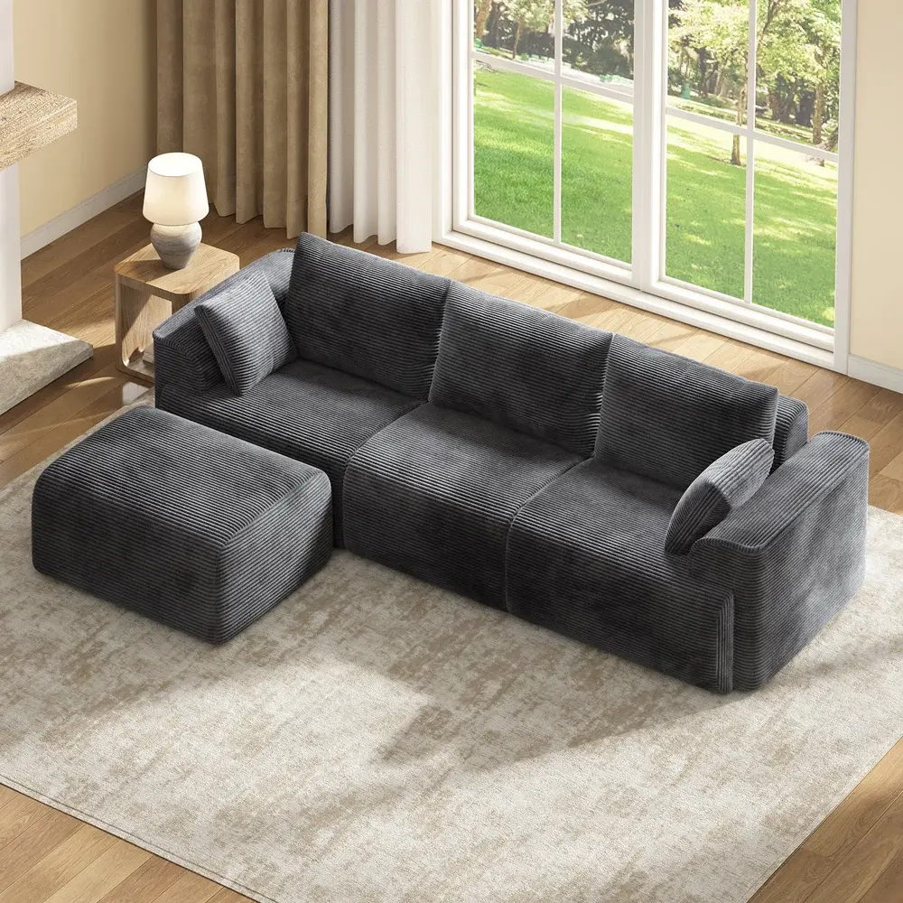 SIKAIC Modular Sectional Sofa with Reversible Chaise, Grey Corduroy Deep Seat Convertible Couch for Living Room