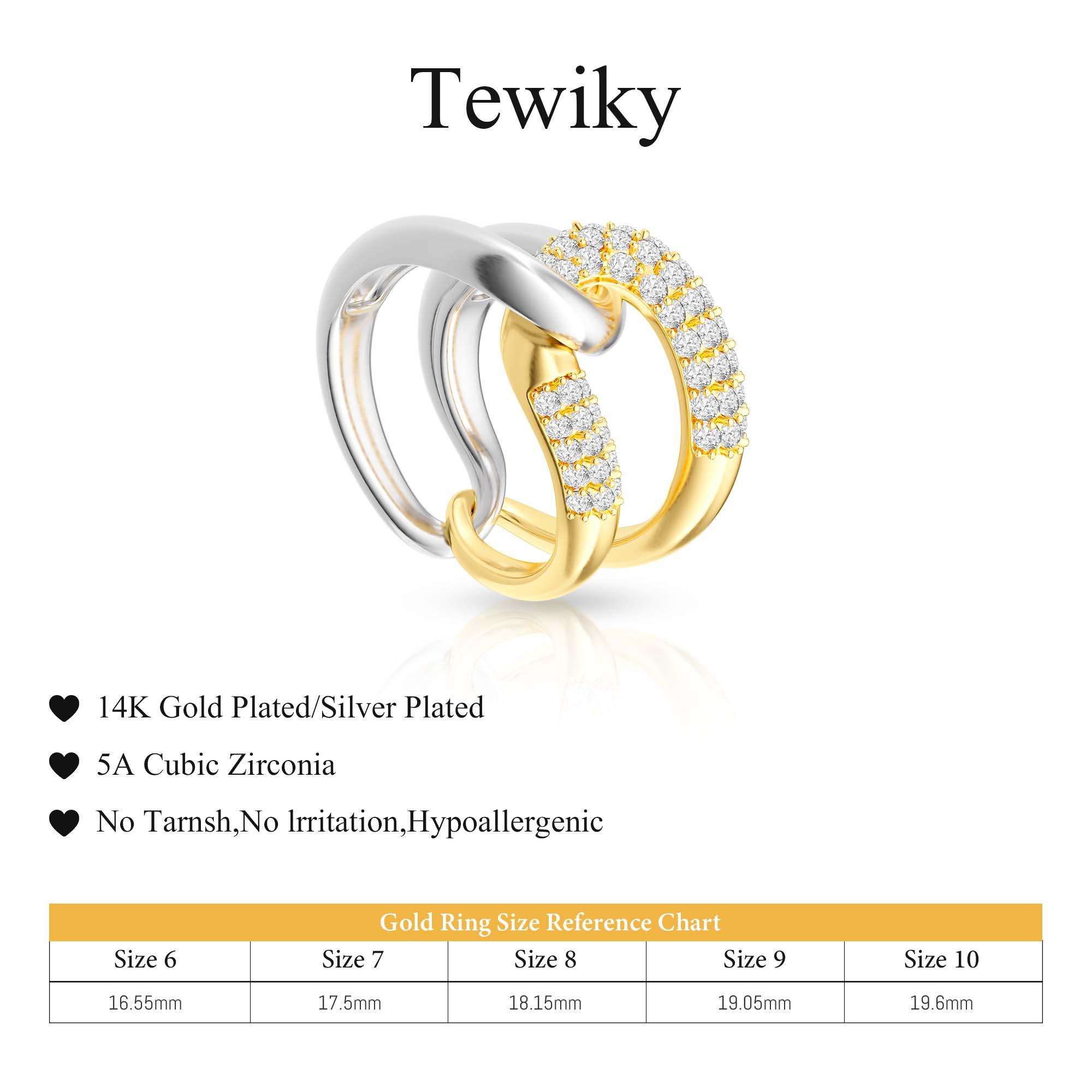 Tewiky 14K Gold/Silver Plated Two-Tone Ring with a Double Row of Gold Zircons/Silver Polished Intersecting Rope Knot Design, Elegant, Suitable for Daily Wear