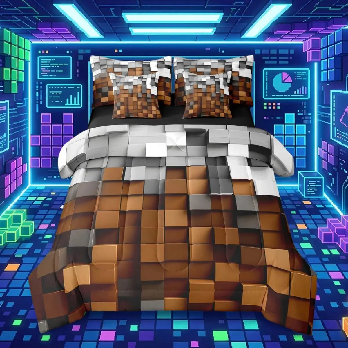 Pixelated Brown Gray 7 Piece Bedding Set ,Geometric Check Video Games Bed in a Bag for Boys Girls ,Gamepad Grid Comforter Set with Sheets,Pillowcases & Cushion Cover Microfiber Room Decor