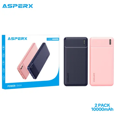 AsperX 2-Pack Compact Power Bank Charger, 10000mAh Mobile Battery Power Bank, 5V 2.4A Fast Charging EDC Gear with USB Cable for iPhone 14, iPad Mini, Smartphones & AirPods