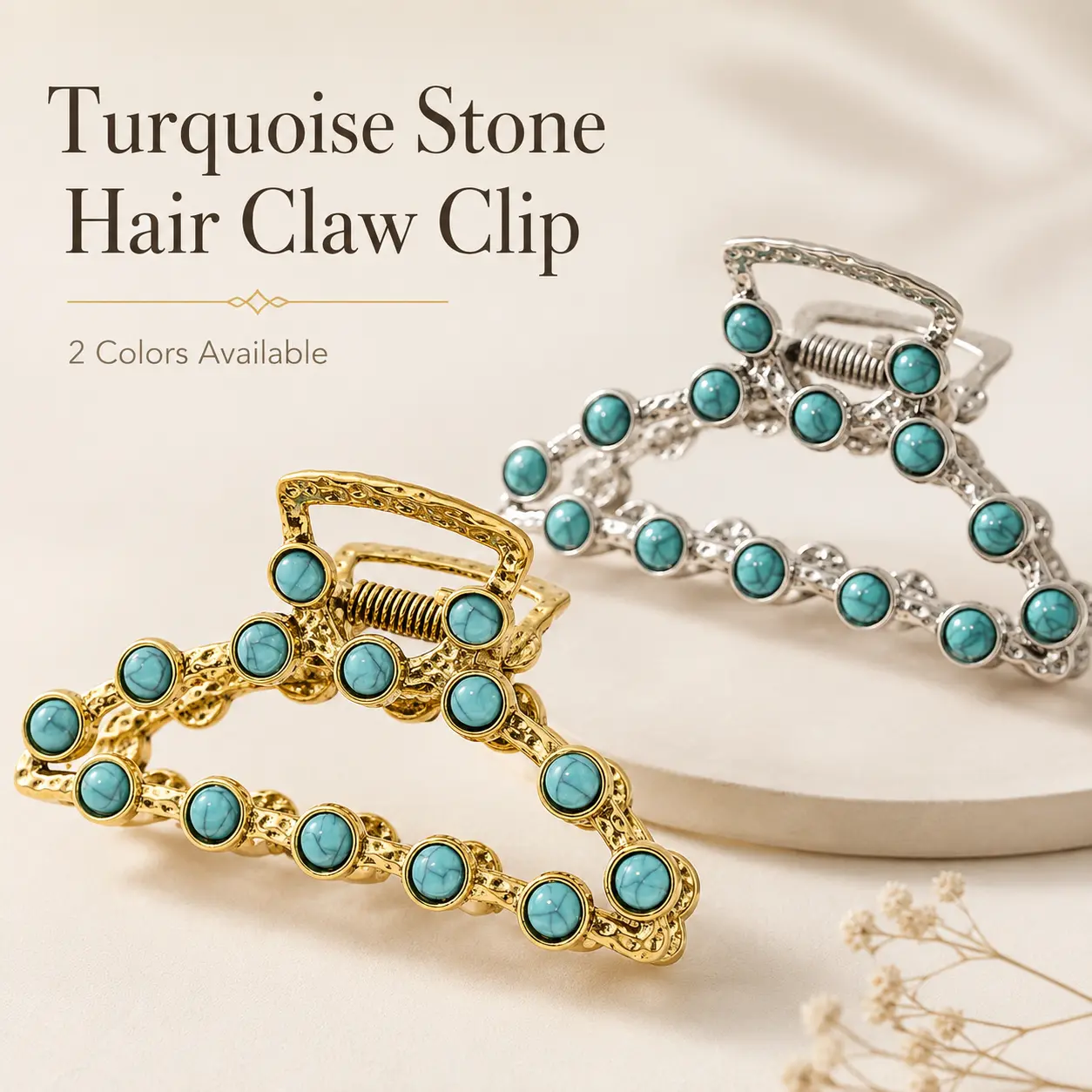 Gold Turquoise Stone Hair Claw Clip for Women, Chunky Statement Accessory with a Boho Vibe, Comfortable Claw Clip Style for Daily Hair Securing, Casual Wear, Natural Beauty