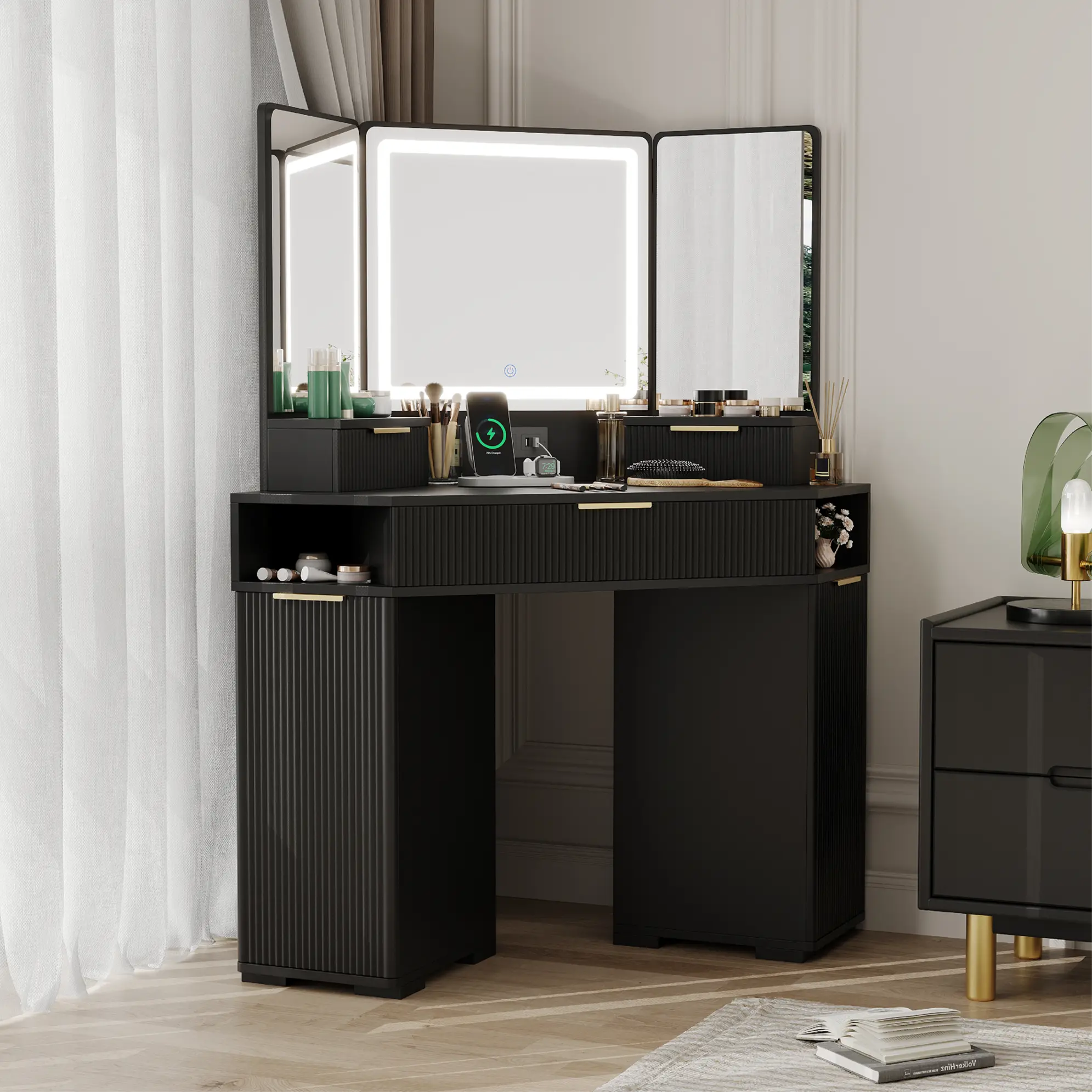 48″ Fluted Corner Vanity Desk with Mirror and Lights with Drawers, Charging Station & Cabinets for Bedroom – Corner Dressing Table with Triple Mirrors & 3 Color Modes