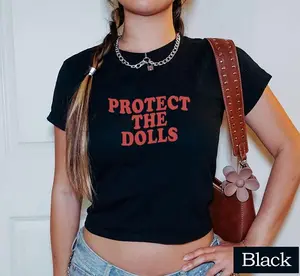 [Sale Up to 35%] Protect The Dolls Baby Tee – Bold Feminist Shirt, Minimalist Slogan Crop Top, Y2K Girl Power Tee