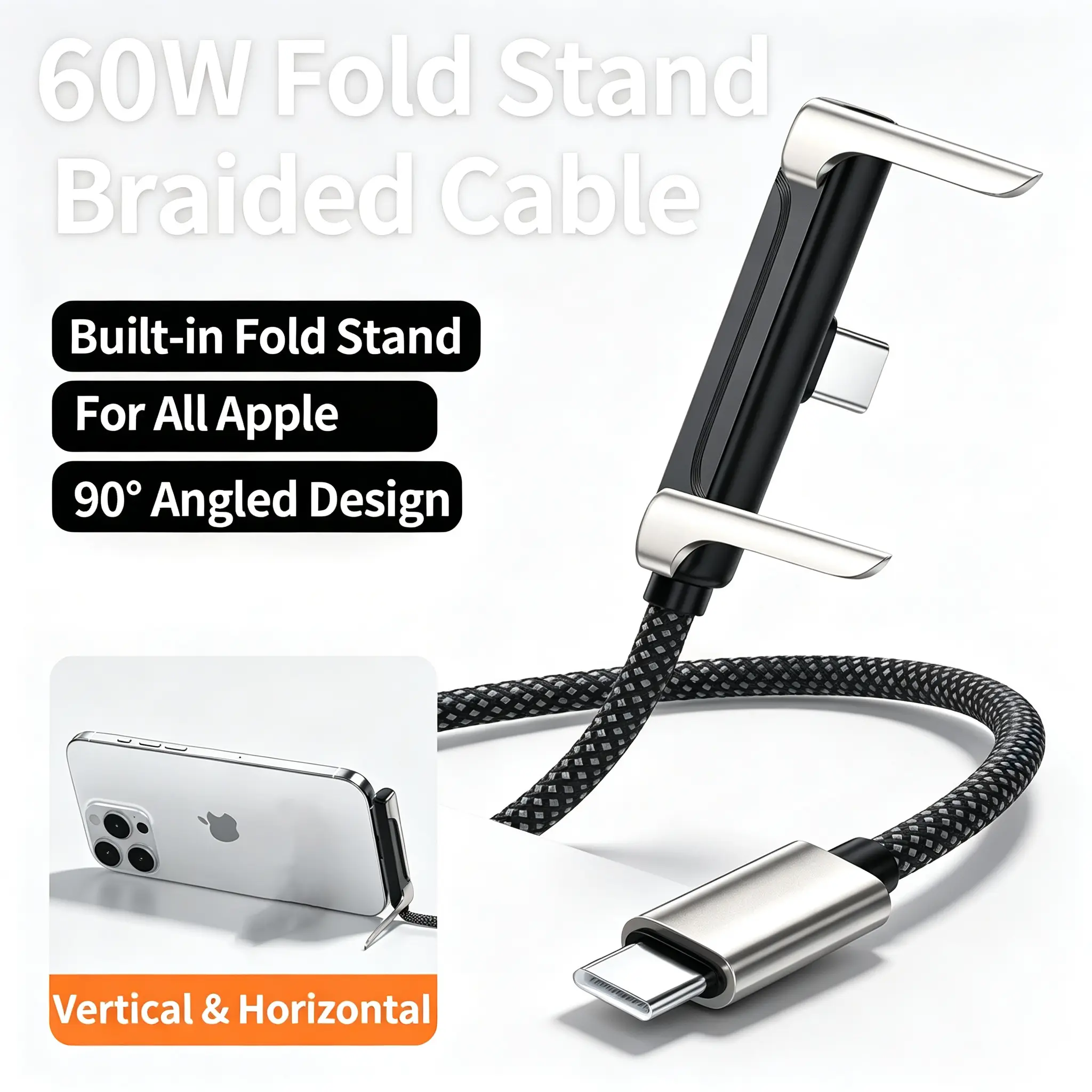 KAXOE 60W Right Angle USB-C to USB-C Cable,60W super Fast Charging Cable,Compatible with iPhone 15-17 pro max,Invisible Holder Charger Cable with Stand,For you: Gaming, Office,Travel – Power on the go.