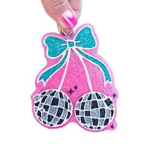 Disco Cherries Car Freshie - Turquoise ribbon Bow, Black & White disco Design, Unique Charm