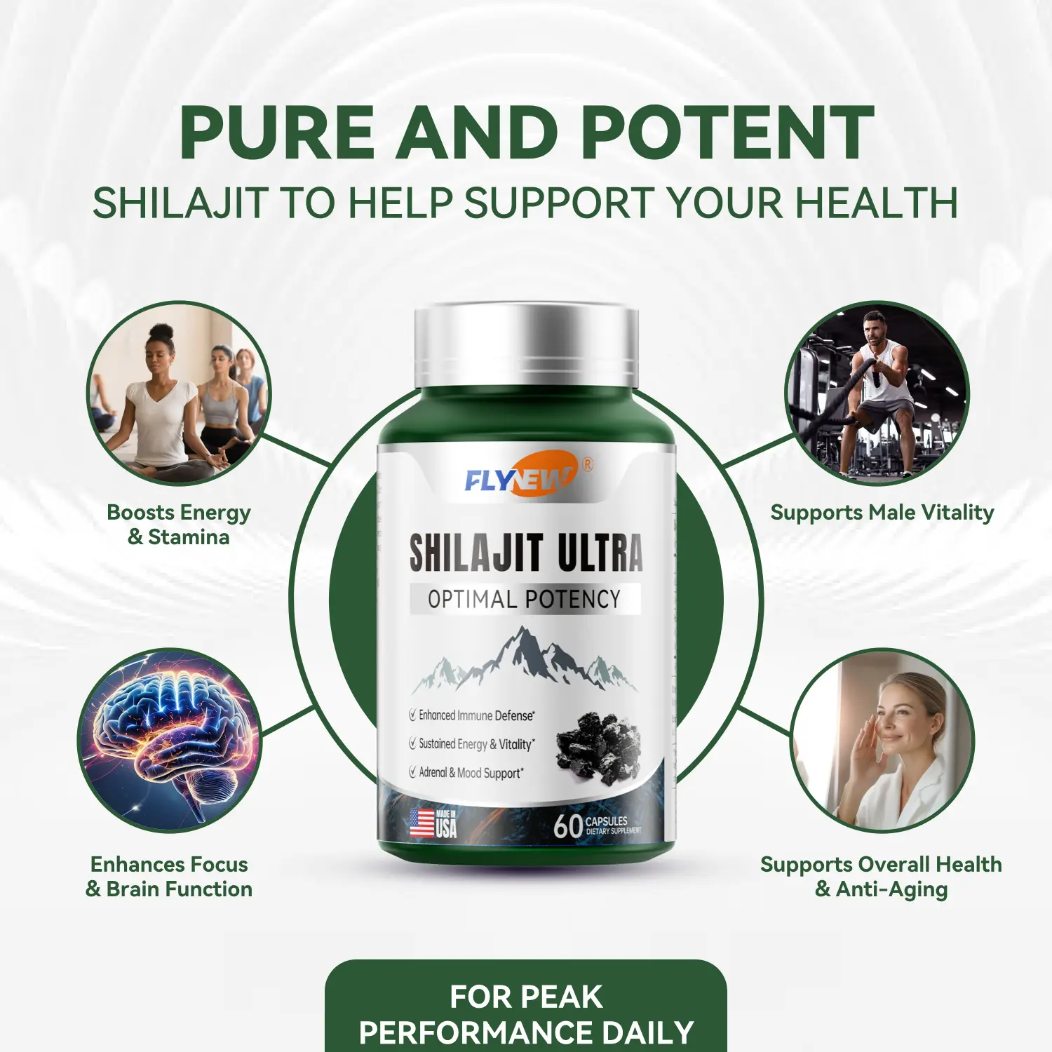 FlyNew Alpha Brain Nootropic Dietary Supplements for Men - Organic, Natural Ingredients, L-Arginine, Shilajit, Pomegranate, Trace Minerals - Brain Health, Energy, Mental Clarity Support - Pack of 1 (60 Capsules), Fulgent Life