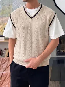 New Summer Autumn Retro V Neck Academic Style Knit Top Vest, Hemp Pattern Colorblock Sleeveless Knit Tank, Casual, Perfect for Shirts and T-Shirts