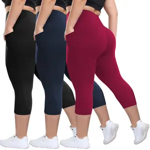 3 Pack Plus Size Capri Leggings with Pockets for Women High Waisted Tummy Control Black Workout Yoga Pants for Gym Leggings