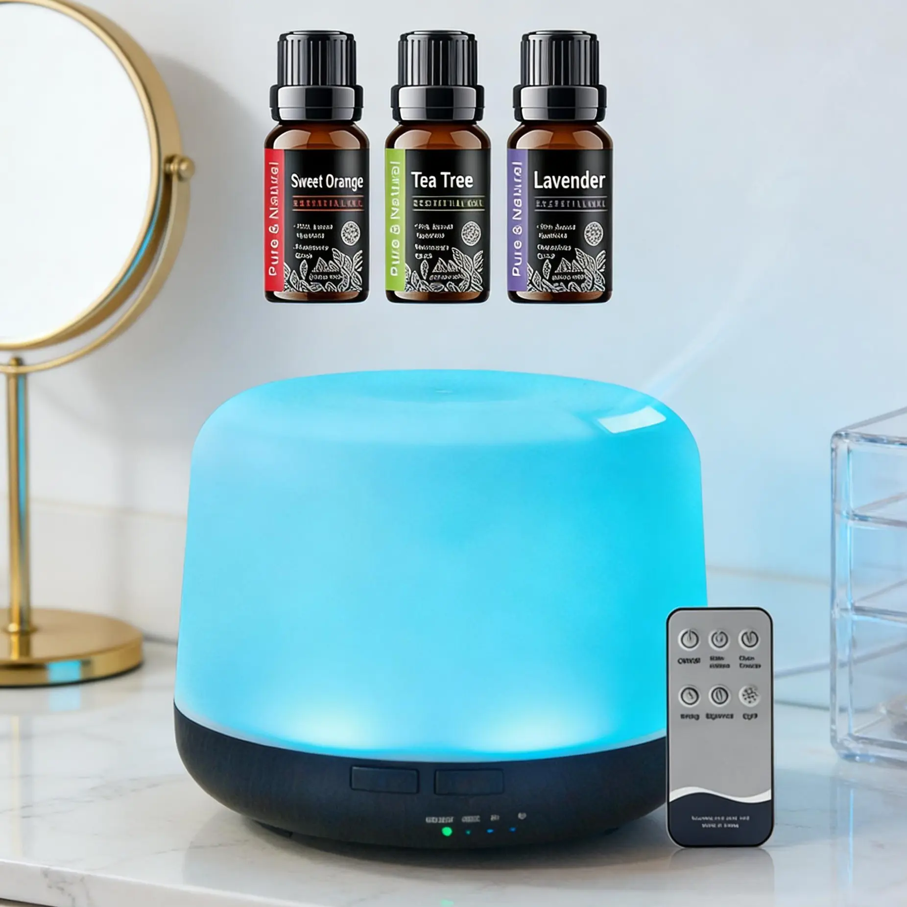 Ultrasonic Cool Mist Aromatherapy Natural Fragrance Machine - 500ml Aroma Feature Humidifier, 7 Color Changing LED Lights, Remote Control, BPA-Free for Home Office