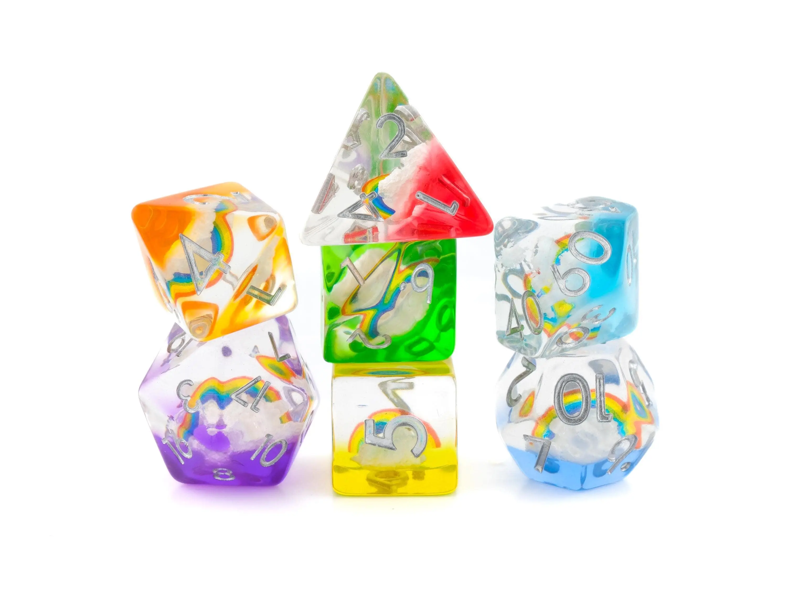 Rainbow Cloud Resin DnD Dice Set: 7 Piece RPG Dice