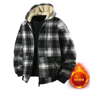 Men's Classic Checkered Fitted Jacket - Long Sleeve, Insulated, Windproof, Fleece-Lined Pull-On Hooded Winter Warm Insulated Jacket for Outdoor Sports & Leisure Casual Black Menswear Top
