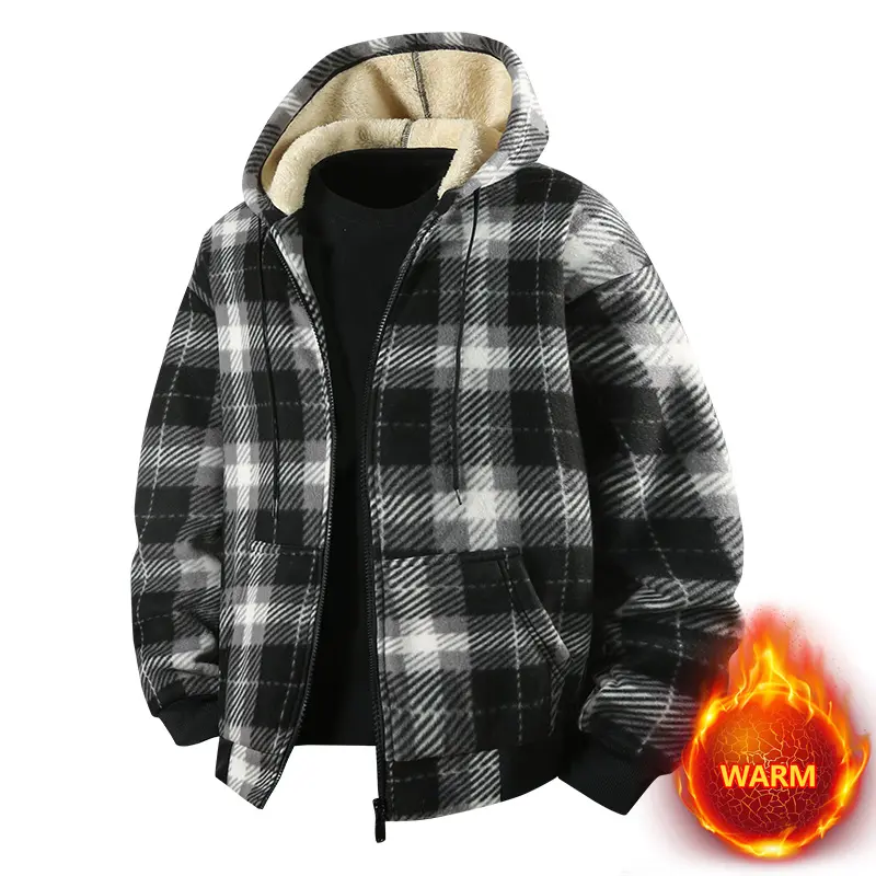 Men's Fitted Checkered Jacket, Warm Hooded Fleece-Lined Winter Outerwear for Outdoor Sports and Leisure Use, Tops, Insulated Jacket, Casual, Polyester, Coats, Menswear, Classic, Outdoor Ready, Windproof, Woven
