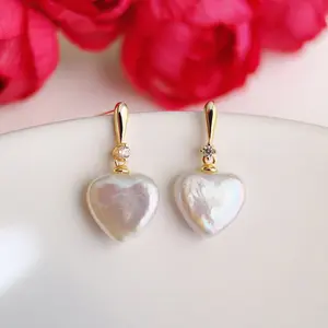 Piswency Genuine Heart Baroque Pearl Earrings, Unique Heart Shaped Freshwater Pearls, 925 Sterling Silver with Zirconia Jewelry Gift