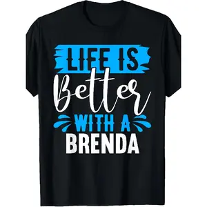 BRENDA Women's Casual Short Sleeve T-Shirt - Life Is Better with A BRENDA Graphic Print, Black with Blue & White Lettering, Round Neck Regular Fit Summer Top, Machine Washable, Relaxed Clothing