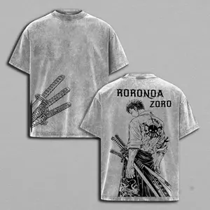 Limited  Zoro "Three Sword Style" One Piece Washed Oversized T-shirt | Vintage Anime Graphic Double Printed Tee | Heavyweight Cotton Manga Streetwear | Otaku Fashion Top for Pirate Hunter Fans