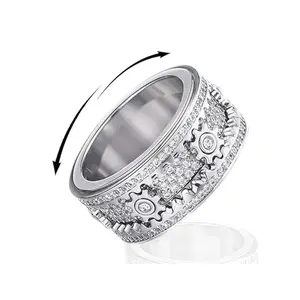 Unisex Stainless Steel Gear Shape Fidget Ring - Rotates Easily, Diamond Accents, Anti-Anxiety Tool, Meditation Aid, Stackable Fashion Costume Jewelry