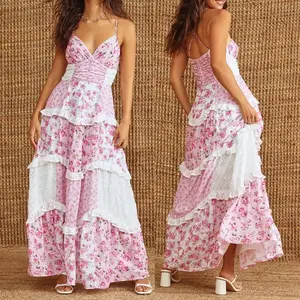 Women’s Casual Summer Lace Patchwork Dress – Puff Short Halter Neck, Smocked Tiered Ruffles