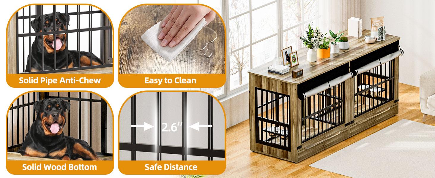 [2 Carton]78" Heavy Duty Indestructible Extra Large Dog Crate with Divider – Double Door Indoor Wooden Kennel, Removable Divider & 360° Swivel Bowls, Reinforced Steel Bars for Extra Large Dogs or Two Medium-Large Dogs