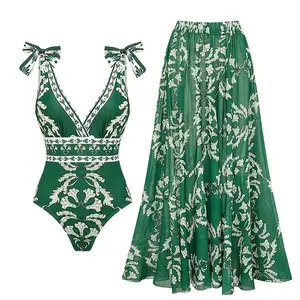 FLAXMAKER Women's V-neck Green Print One Piece Swimsuit and Matching Cover Skirt Set Summer Swimdress Tummy Control Bathing Suit Stylish Beachwear