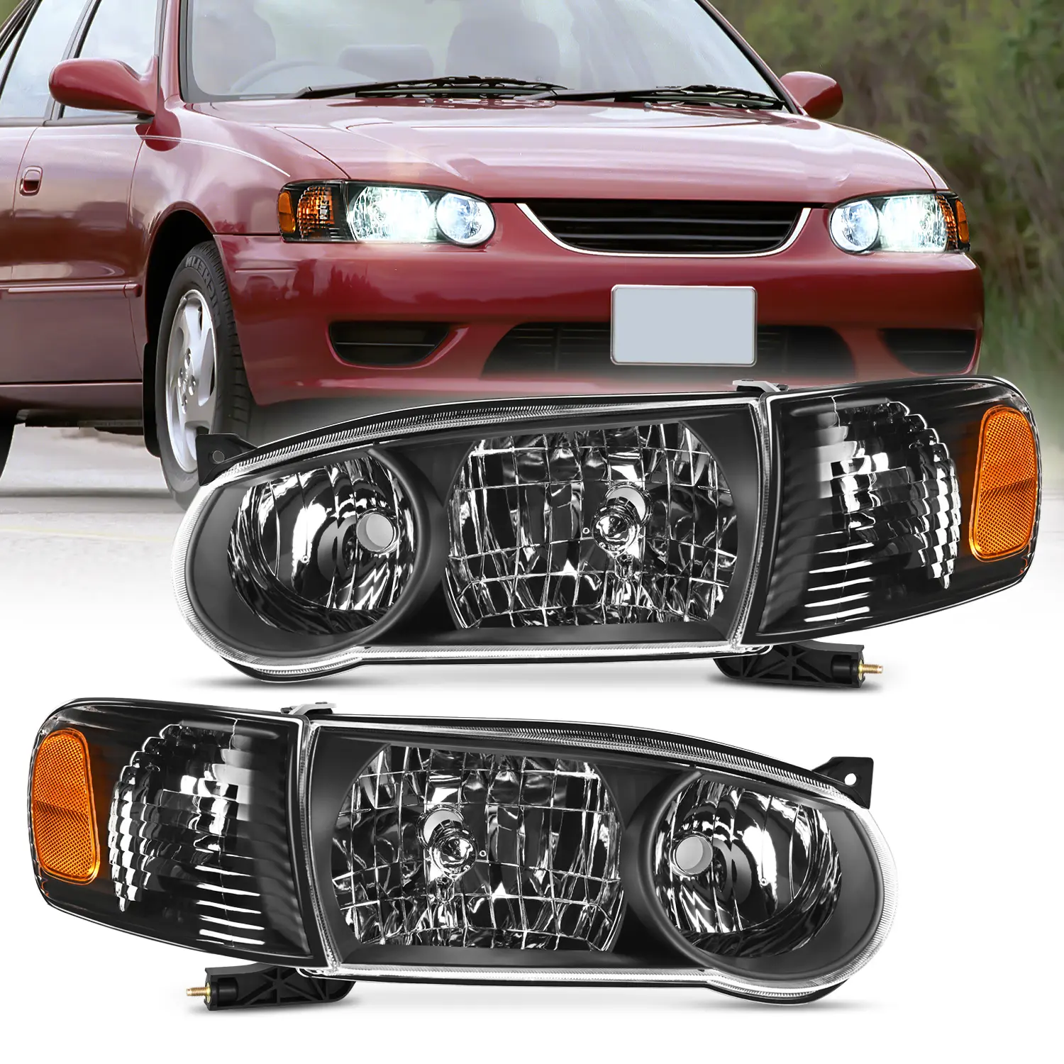 Nilight Automotive Headlights Lamp Pair Set - Black Housing, Amber Reflector, Plug-in Fit, IP65 Anti-Fog Car Lights Driver & Passenger Side Replacement Kit Compatible with 2001-2002 Toyota Corolla