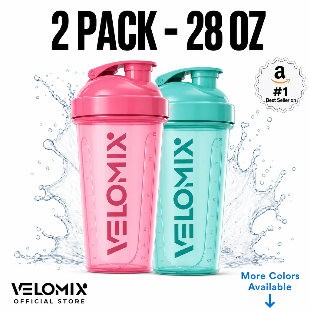 VELOMIX 2-Pack 28oz BPA-Free Leakproof Protein Bottle Shakers, Sports Water Bottle with Secure Twist Lid, Wire Whisk Ball for Manual Clump-Free Mix, Gym Accessory (Green/Orange)