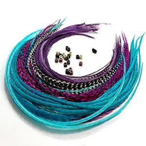 Feather Hair Extensions 100% Real Rooster Feathers Long Violet Purple Blue 20 Feathers 20 Beads Loop Tool Kit for Versatile Styling